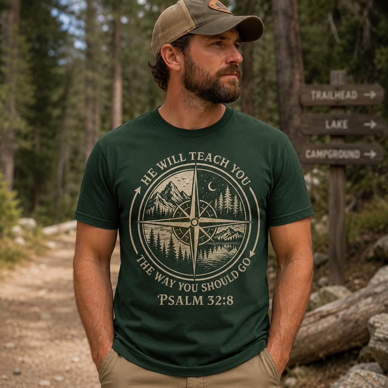 Psalm 32:8 Christian Adventure Shirt, He Will Teach You The Way Tee, Faith Compass Hiking Camping Gift for Christian Men Women