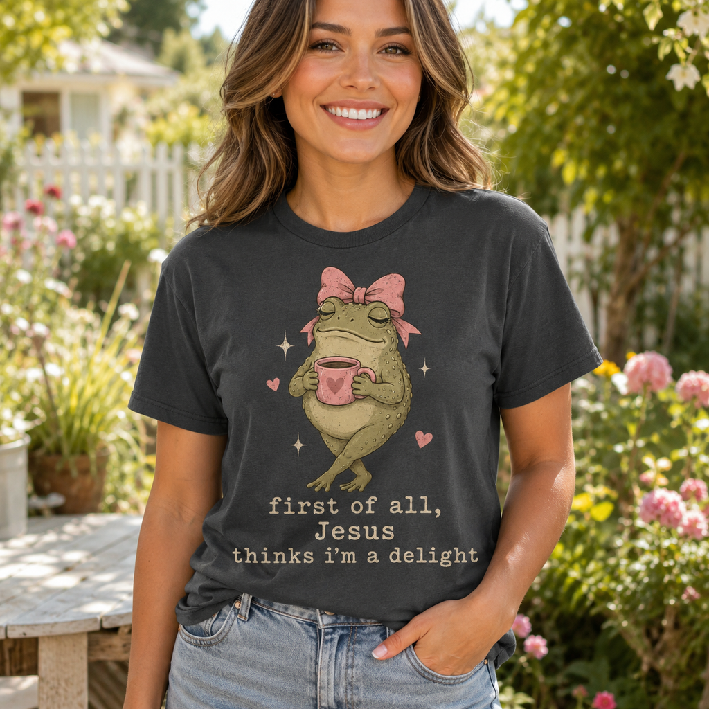 Jesus Thinks I’m A Delight Shirt, Cute Christian Frog T-Shirt, Faith Based Funny Jesus Tee, Coquette Bow Gift for Women