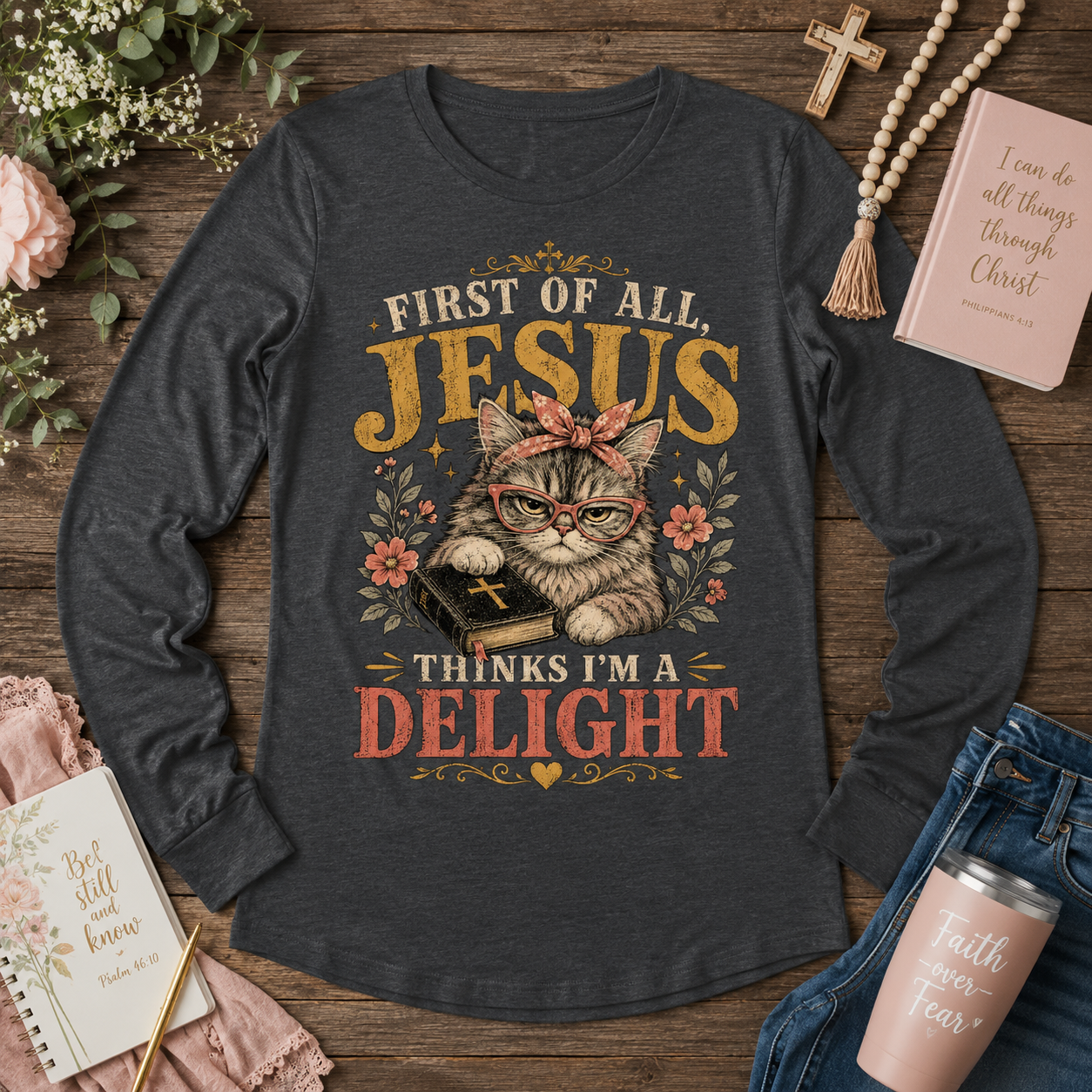 Jesus Thinks I’m A Delight Shirt, Cute Christian Cat T-Shirt, First Of All Jesus Tee, Cat Mom Faith Gift for Women