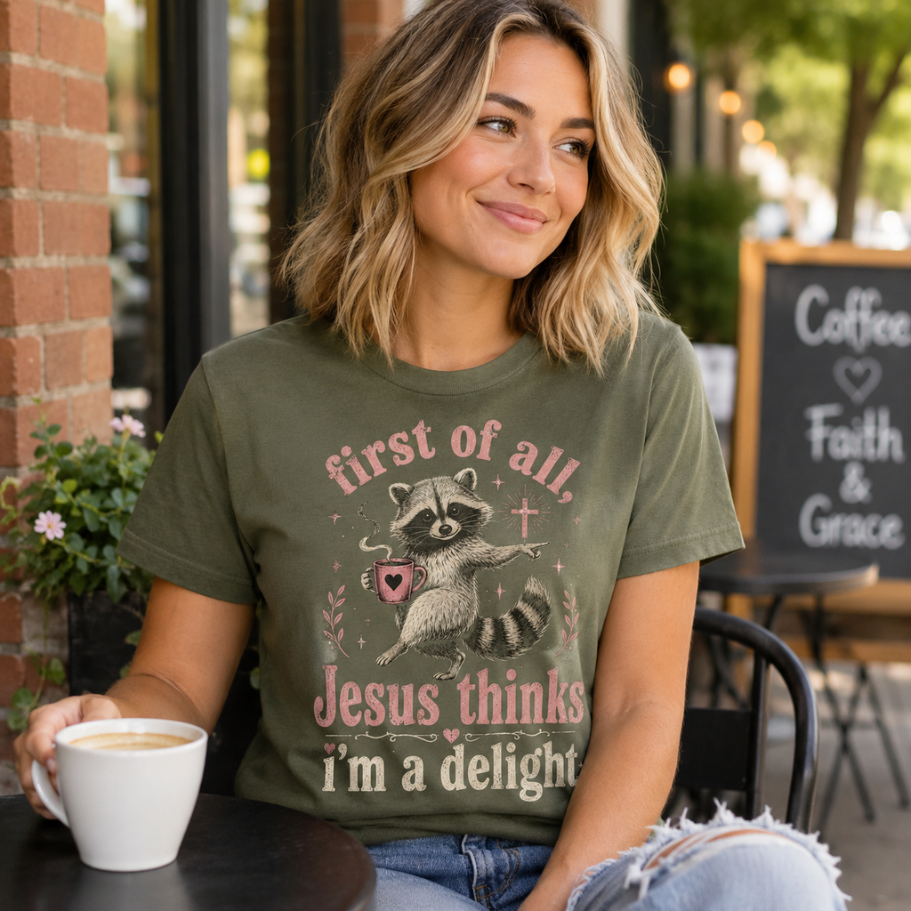 Jesus Thinks I’m A Delight Shirt, Cute Christian Raccoon T-Shirt, First Of All Jesus Tee, Funny Faith Gift for Women