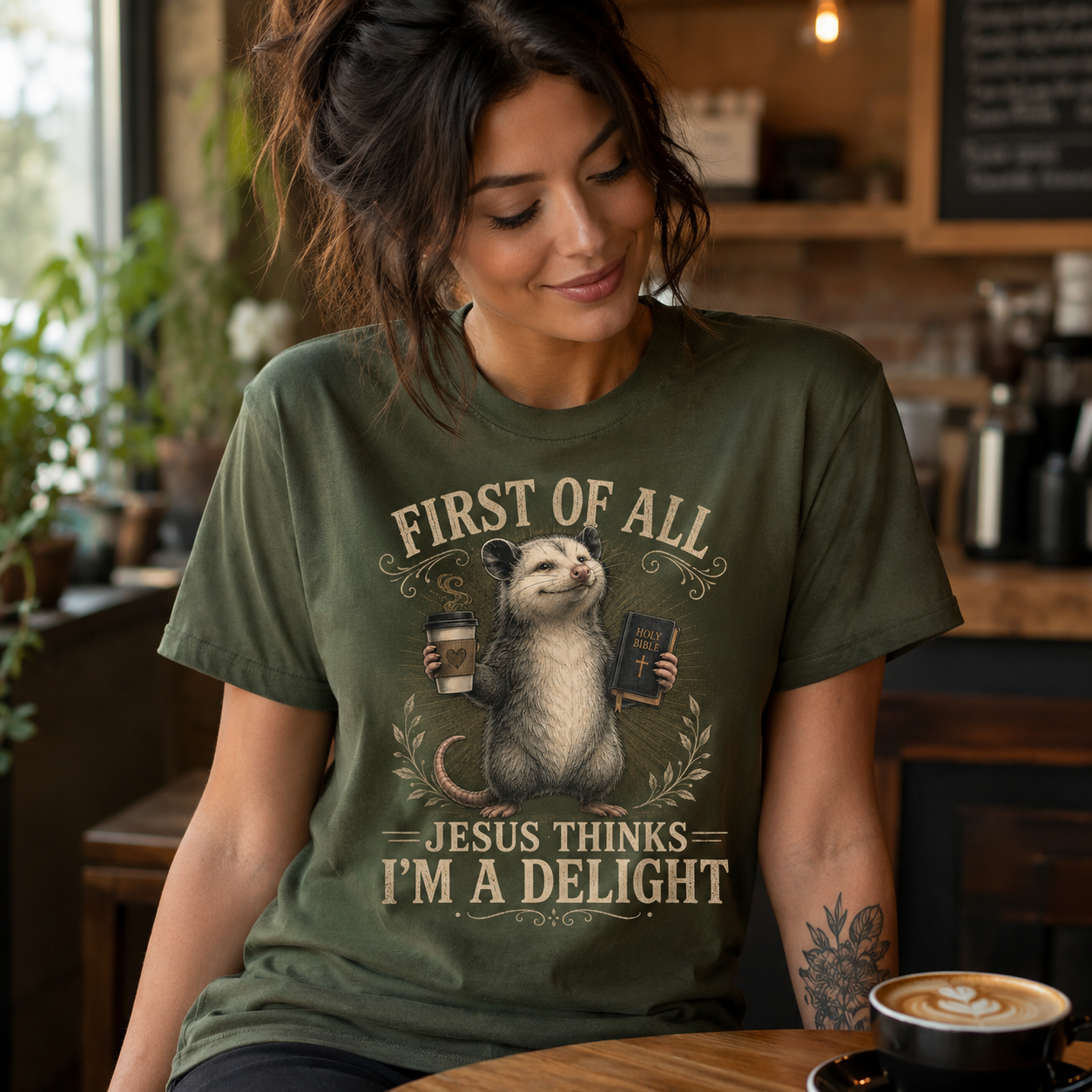 Jesus Thinks I’m A Delight Shirt, Cute Christian Opossum T-Shirt, First Of All Jesus Tee, Funny Faith Gift for Women