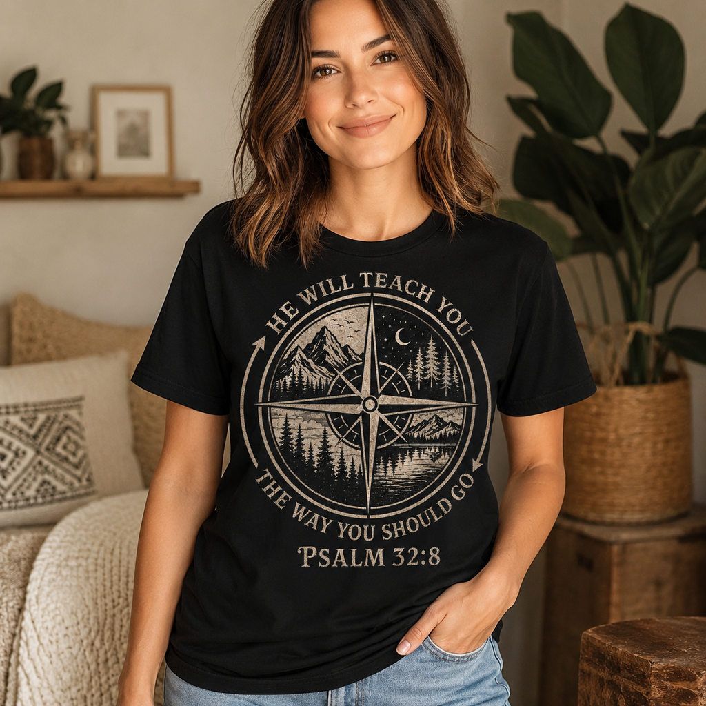 Psalm 32:8 Christian Adventure Shirt, He Will Teach You The Way Tee, Faith Compass Hiking Camping Gift for Christian Men Women