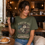 Jesus Thinks I’m A Delight Shirt, Cute Christian Opossum T-Shirt, First Of All Jesus Tee, Funny Faith Gift for Women