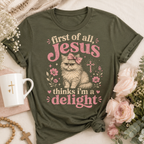 Jesus Thinks I’m A Delight Shirt, Cute Christian Cat T-Shirt, First Of All Jesus Tee, Cat Mom Faith Gift for Women