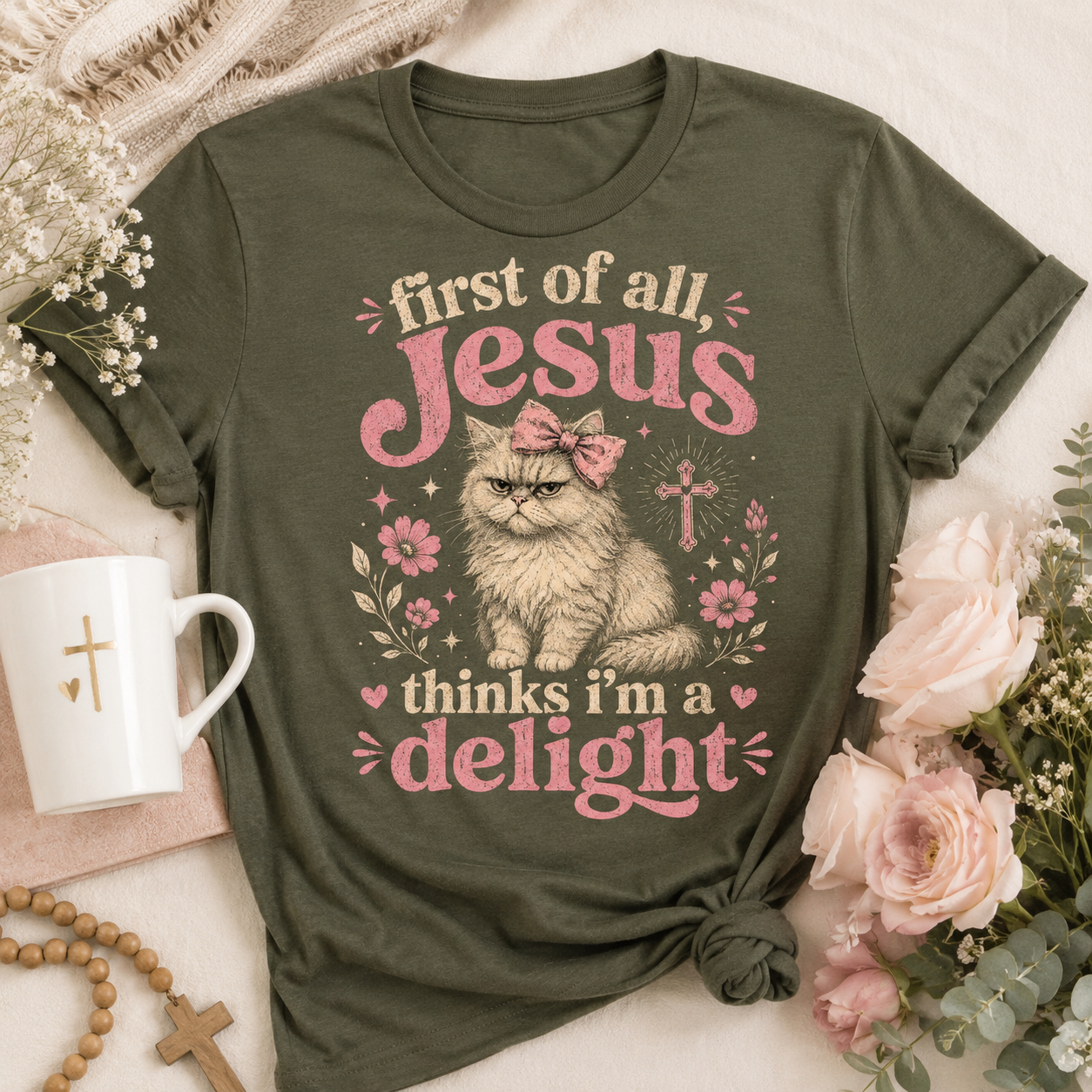 Jesus Thinks I’m A Delight Shirt, Cute Christian Cat T-Shirt, First Of All Jesus Tee, Cat Mom Faith Gift for Women