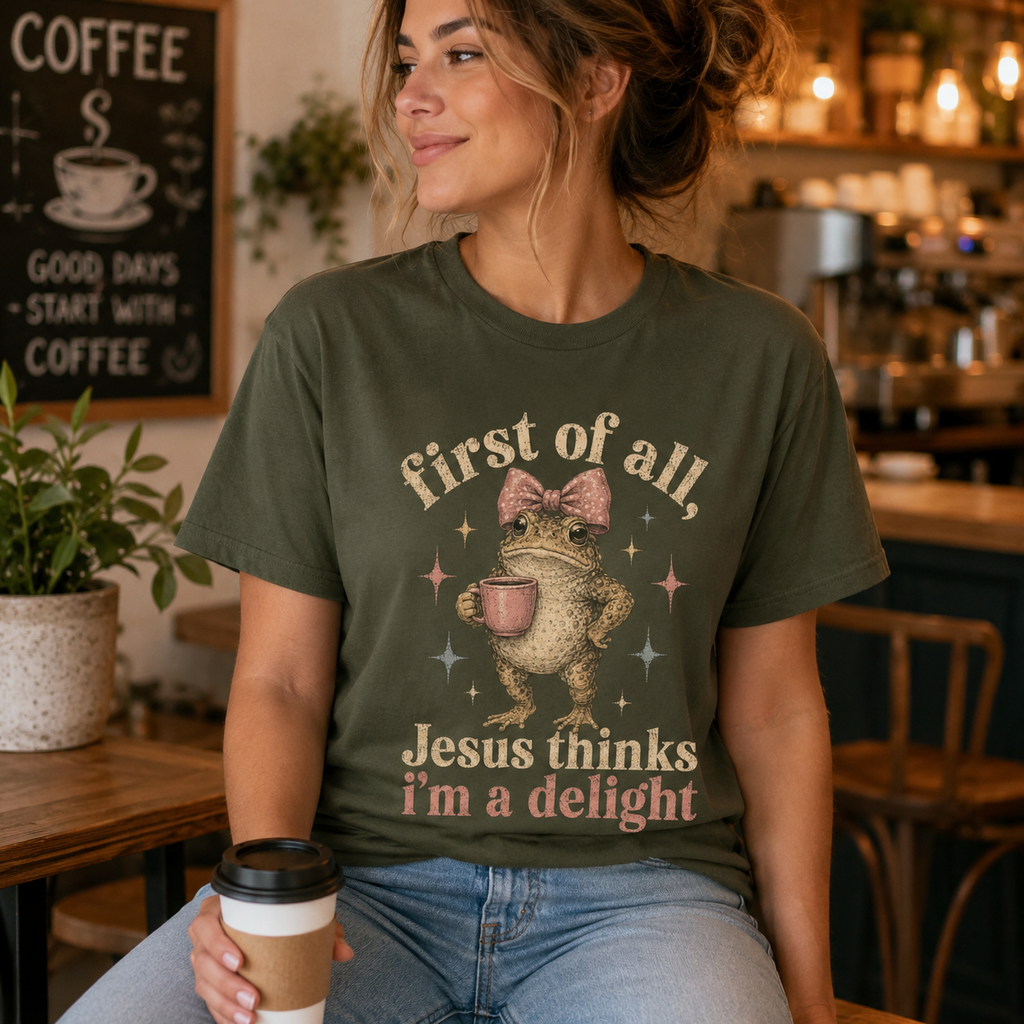 Jesus Thinks I’m A Delight Shirt, Cute Christian Frog T-Shirt, First Of All Jesus Tee, Funny Faith Gift for Women