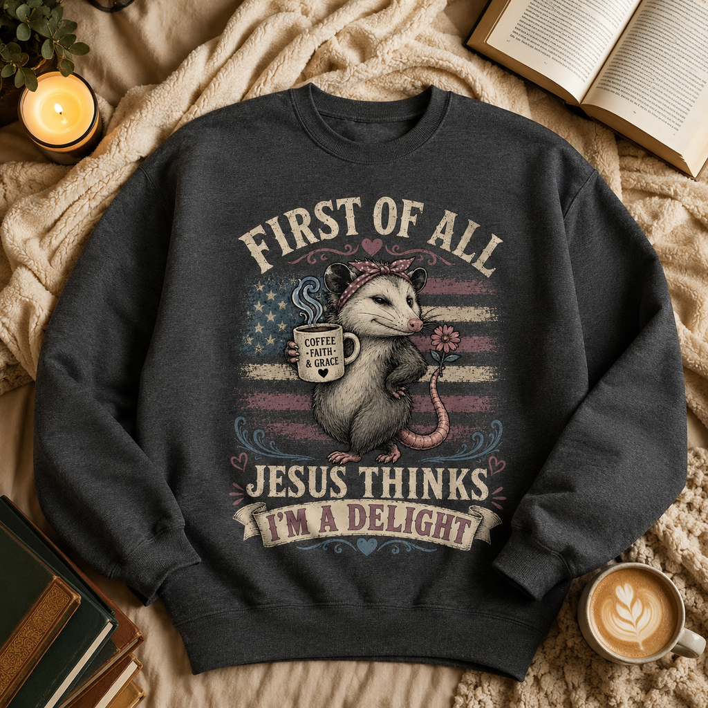 Jesus Thinks I’m A Delight Shirt, Cute Christian Opossum T-Shirt, First Of All Jesus Tee, Funny Faith Gift for Women