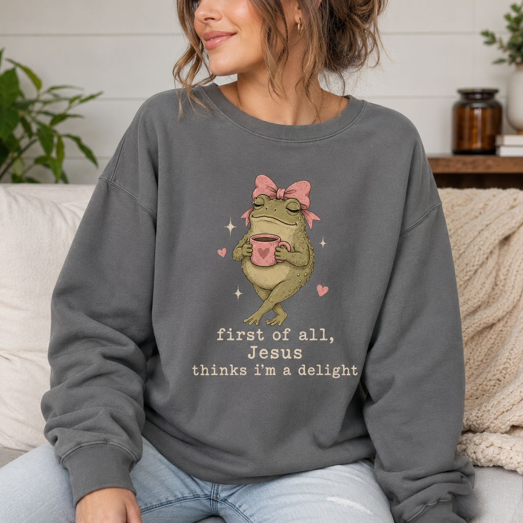 Jesus Thinks I’m A Delight Shirt, Cute Christian Frog T-Shirt, Faith Based Funny Jesus Tee, Coquette Bow Gift for Women