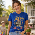 Jesus Thinks I’m A Delight Shirt, Cute Christian Cat T-Shirt, First Of All Jesus Tee, Cat Mom Faith Gift for Women