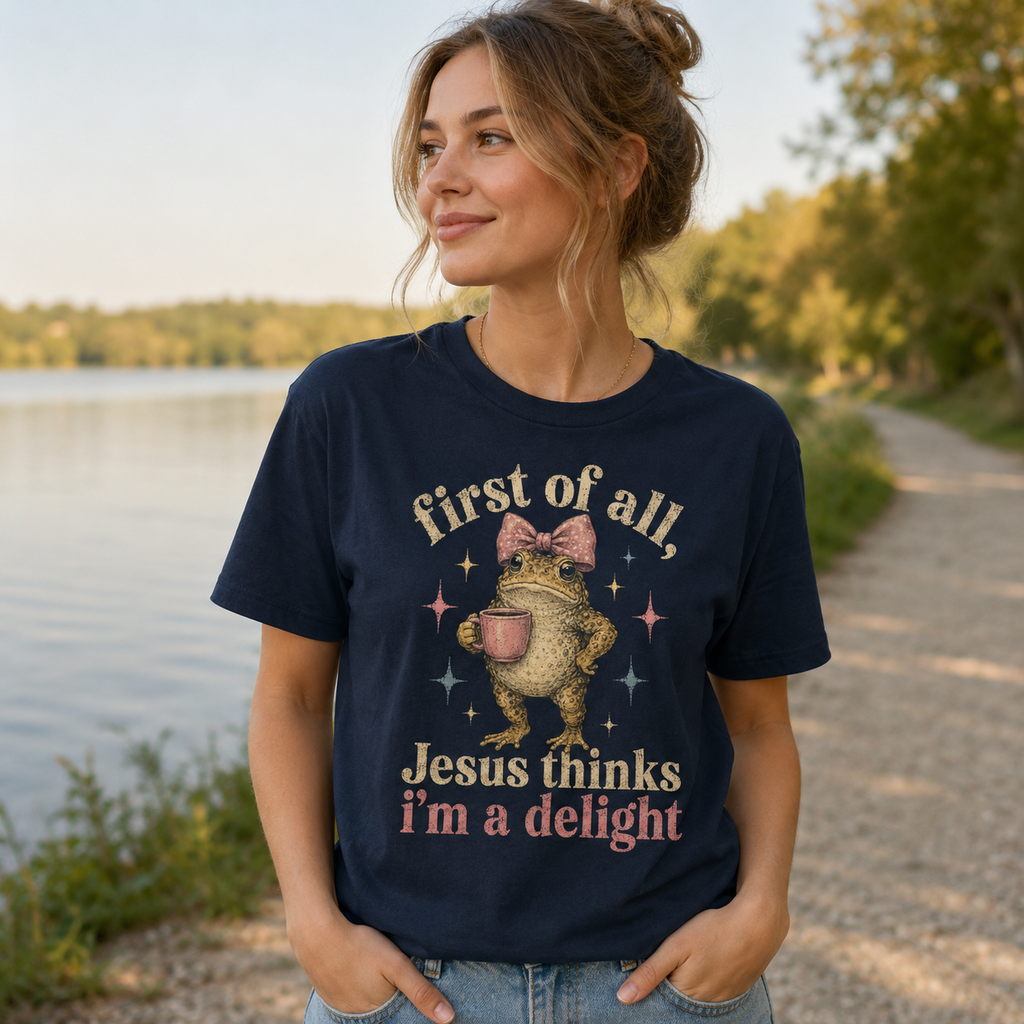 Jesus Thinks I’m A Delight Shirt, Cute Christian Frog T-Shirt, First Of All Jesus Tee, Funny Faith Gift for Women