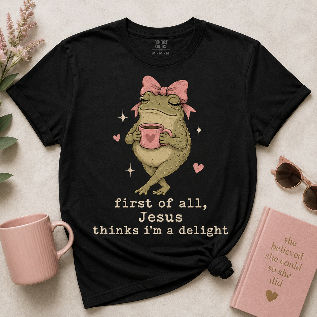 Jesus Thinks I’m A Delight Shirt, Cute Christian Frog T-Shirt, Faith Based Funny Jesus Tee, Coquette Bow Gift for Women