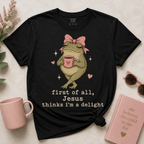 Jesus Thinks I’m A Delight Shirt, Cute Christian Frog T-Shirt, Faith Based Funny Jesus Tee, Coquette Bow Gift for Women
