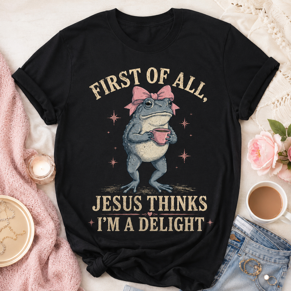 Jesus Thinks I’m A Delight Shirt, Cute Christian Frog T-Shirt, First Of All Jesus Tee, Funny Faith Gift for Women