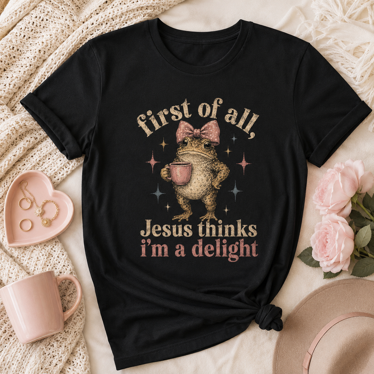Jesus Thinks I’m A Delight Shirt, Cute Christian Frog T-Shirt, First Of All Jesus Tee, Funny Faith Gift for Women