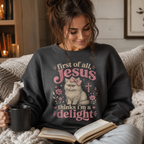 Jesus Thinks I’m A Delight Shirt, Cute Christian Cat T-Shirt, First Of All Jesus Tee, Cat Mom Faith Gift for Women