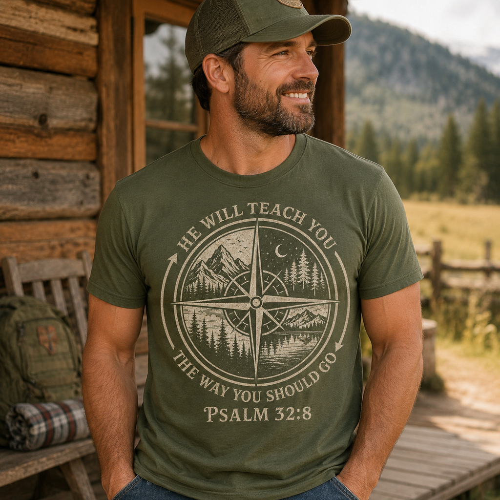 Psalm 32:8 Christian Adventure Shirt, He Will Teach You The Way Tee, Faith Compass Hiking Camping Gift for Christian Men Women