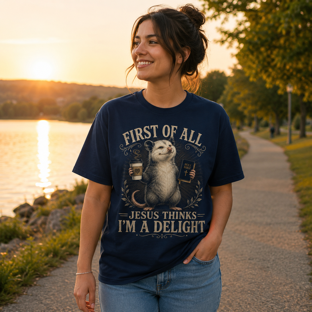 Jesus Thinks I’m A Delight Shirt, Cute Christian Opossum T-Shirt, First Of All Jesus Tee, Funny Faith Gift for Women