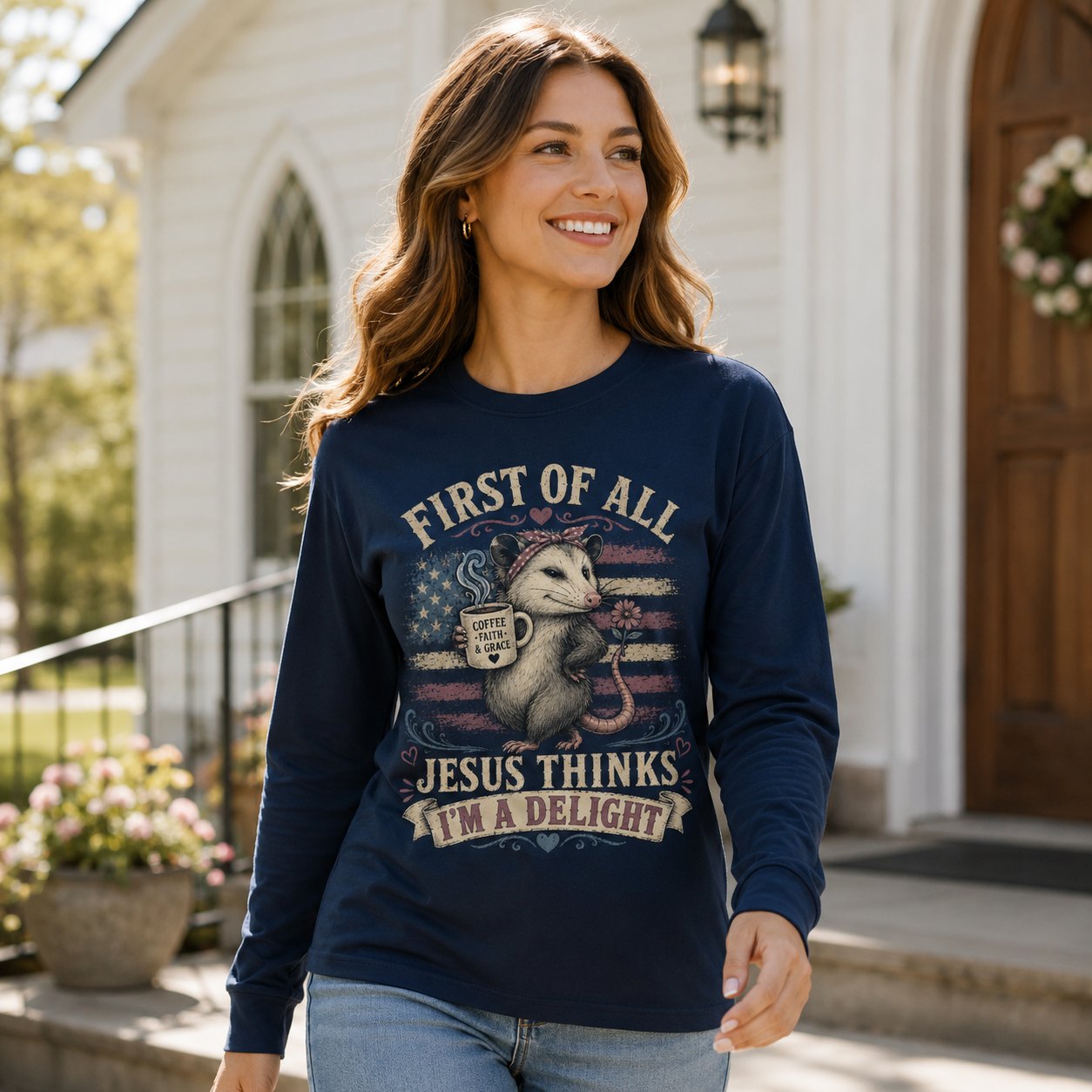 Jesus Thinks I’m A Delight Shirt, Cute Christian Opossum T-Shirt, First Of All Jesus Tee, Funny Faith Gift for Women