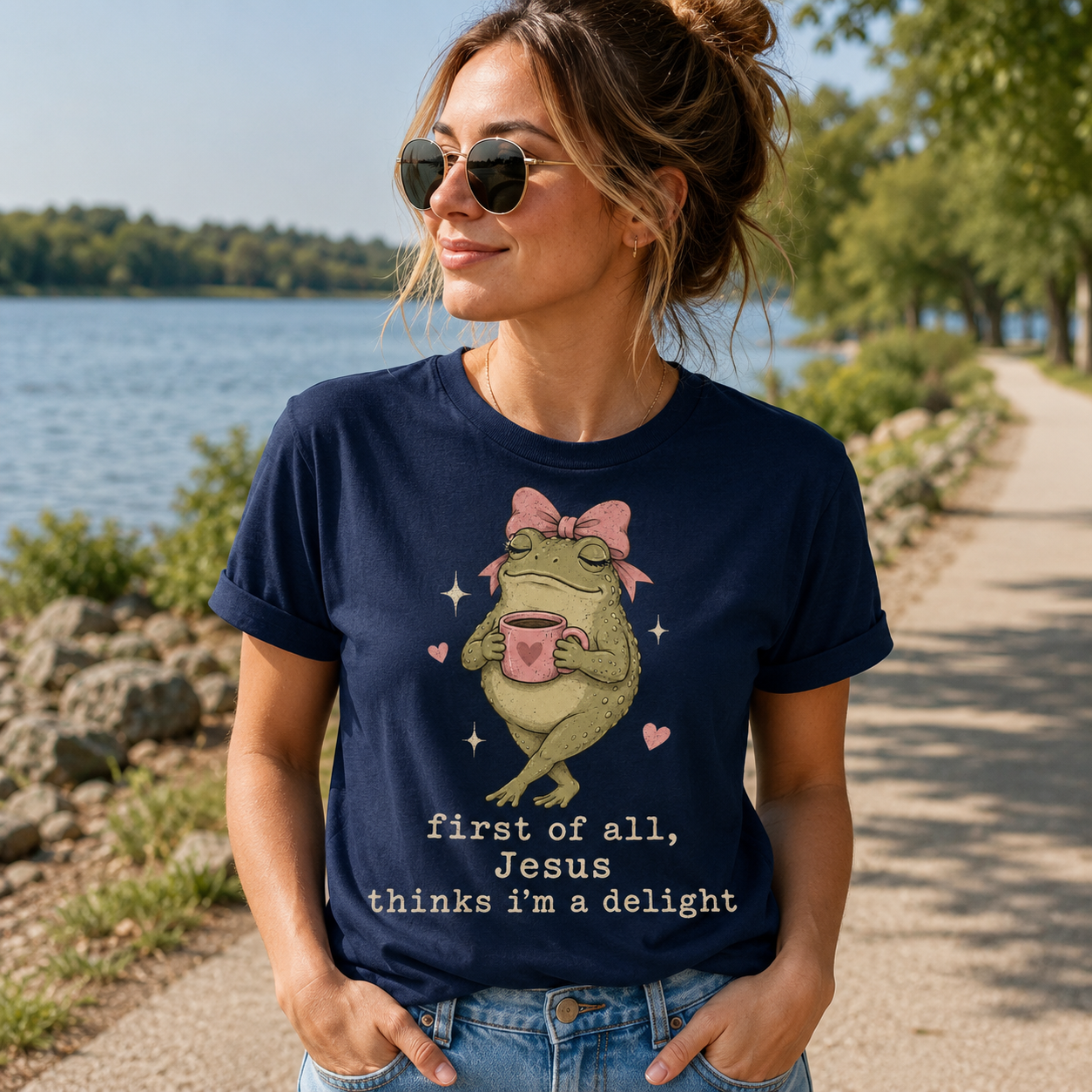 Jesus Thinks I’m A Delight Shirt, Cute Christian Frog T-Shirt, Faith Based Funny Jesus Tee, Coquette Bow Gift for Women