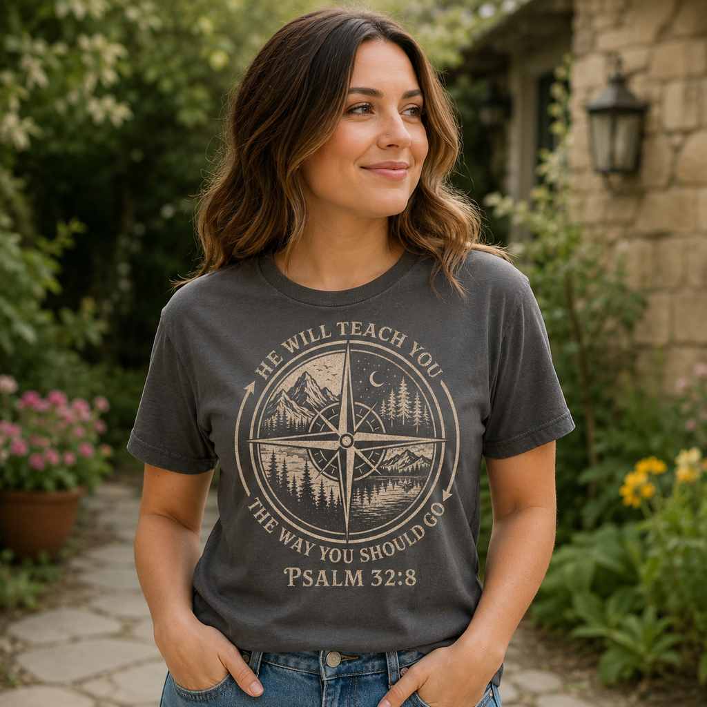 Psalm 32:8 Christian Adventure Shirt, He Will Teach You The Way Tee, Faith Compass Hiking Camping Gift for Christian Men Women