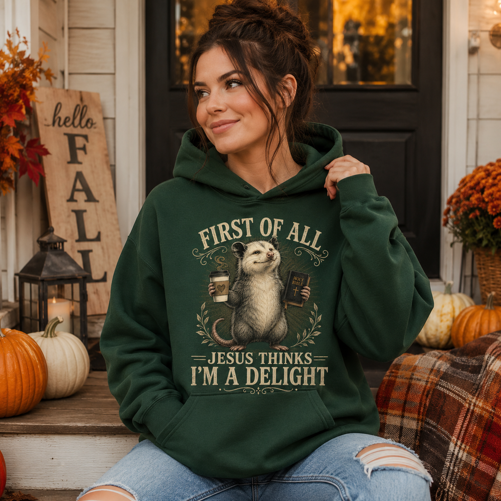 Jesus Thinks I’m A Delight Shirt, Cute Christian Opossum T-Shirt, First Of All Jesus Tee, Funny Faith Gift for Women