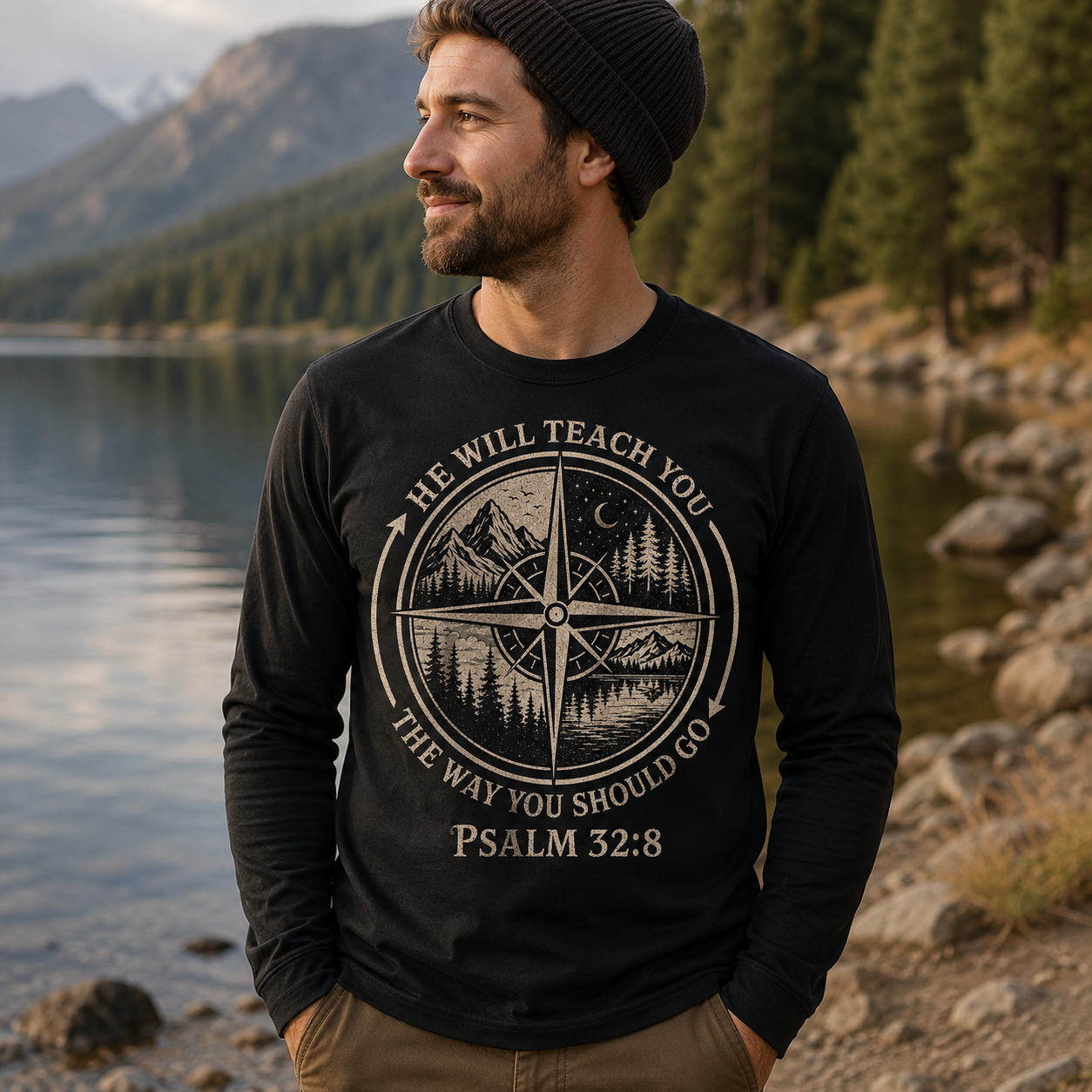 Psalm 32:8 Christian Adventure Shirt, He Will Teach You The Way Tee, Faith Compass Hiking Camping Gift for Christian Men Women