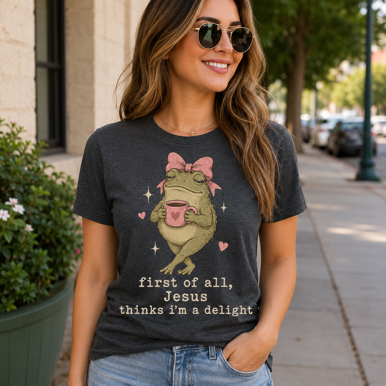 Jesus Thinks I’m A Delight Shirt, Cute Christian Frog T-Shirt, Faith Based Funny Jesus Tee, Coquette Bow Gift for Women