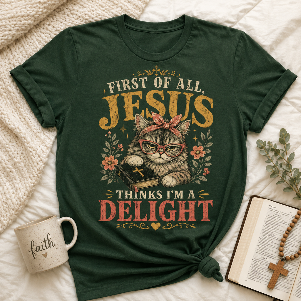Jesus Thinks I’m A Delight Shirt, Cute Christian Cat T-Shirt, First Of All Jesus Tee, Cat Mom Faith Gift for Women