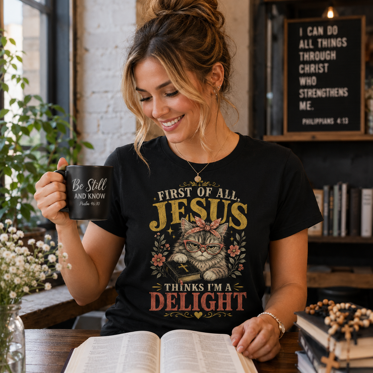 Jesus Thinks I’m A Delight Shirt, Cute Christian Cat T-Shirt, First Of All Jesus Tee, Cat Mom Faith Gift for Women
