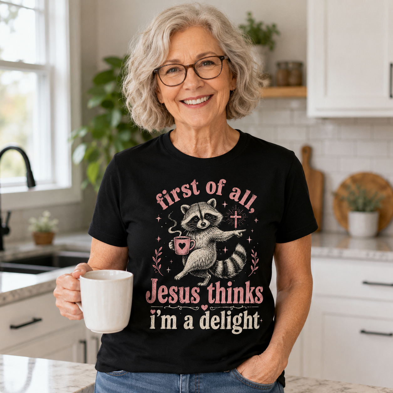 Jesus Thinks I’m A Delight Shirt, Cute Christian Raccoon T-Shirt, First Of All Jesus Tee, Funny Faith Gift for Women