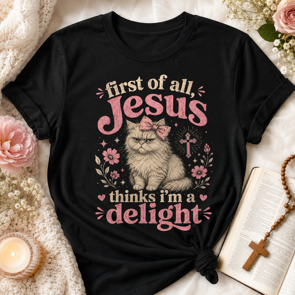 Jesus Thinks I’m A Delight Shirt, Cute Christian Cat T-Shirt, First Of All Jesus Tee, Cat Mom Faith Gift for Women