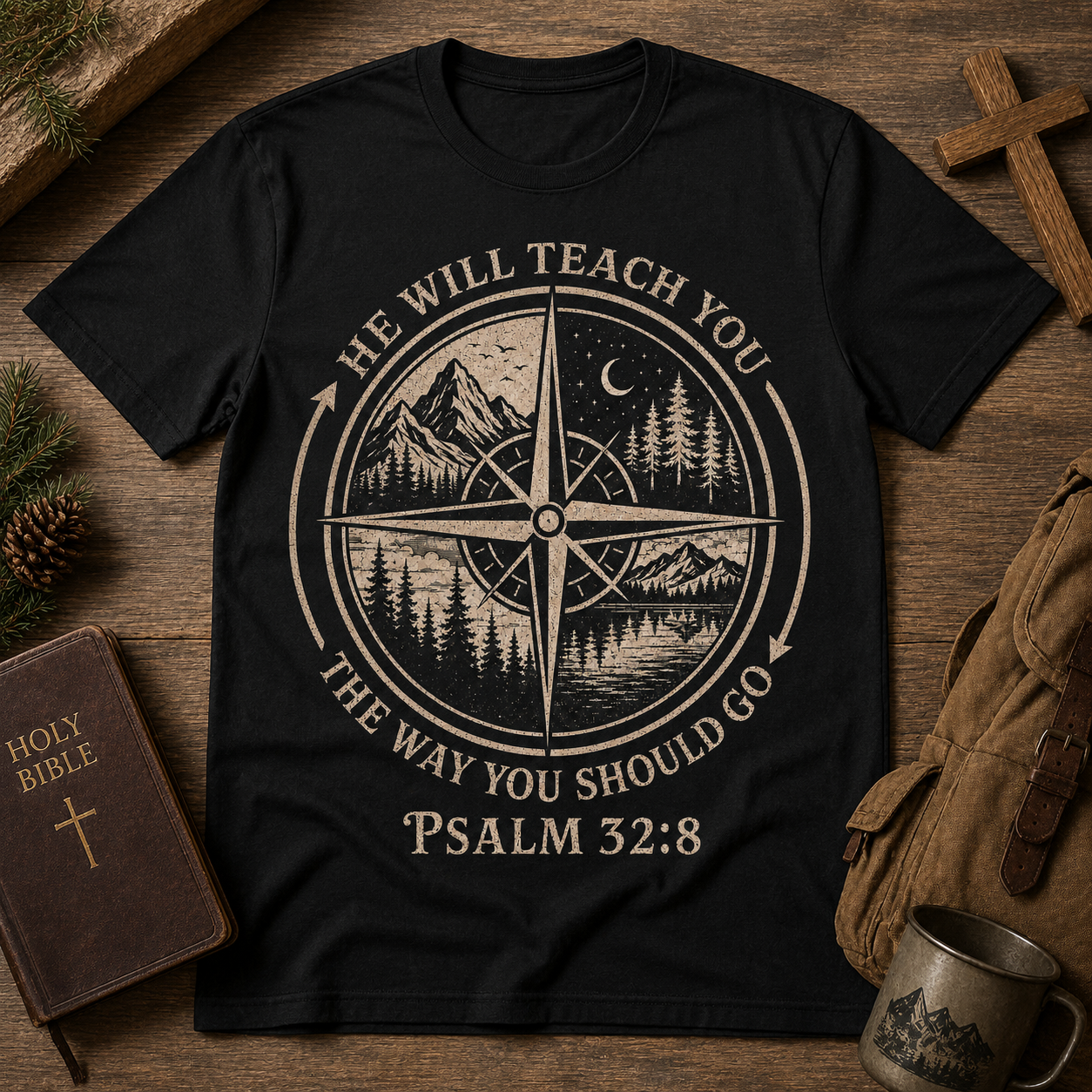 Psalm 32:8 Christian Adventure Shirt, He Will Teach You The Way Tee, Faith Compass Hiking Camping Gift for Christian Men Women