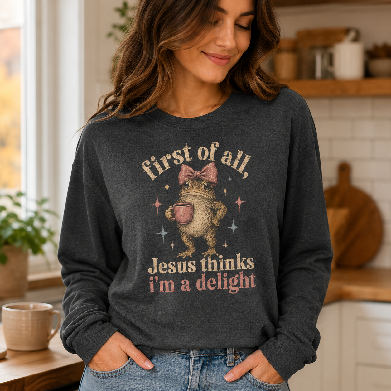 Jesus Thinks I’m A Delight Shirt, Cute Christian Frog T-Shirt, First Of All Jesus Tee, Funny Faith Gift for Women