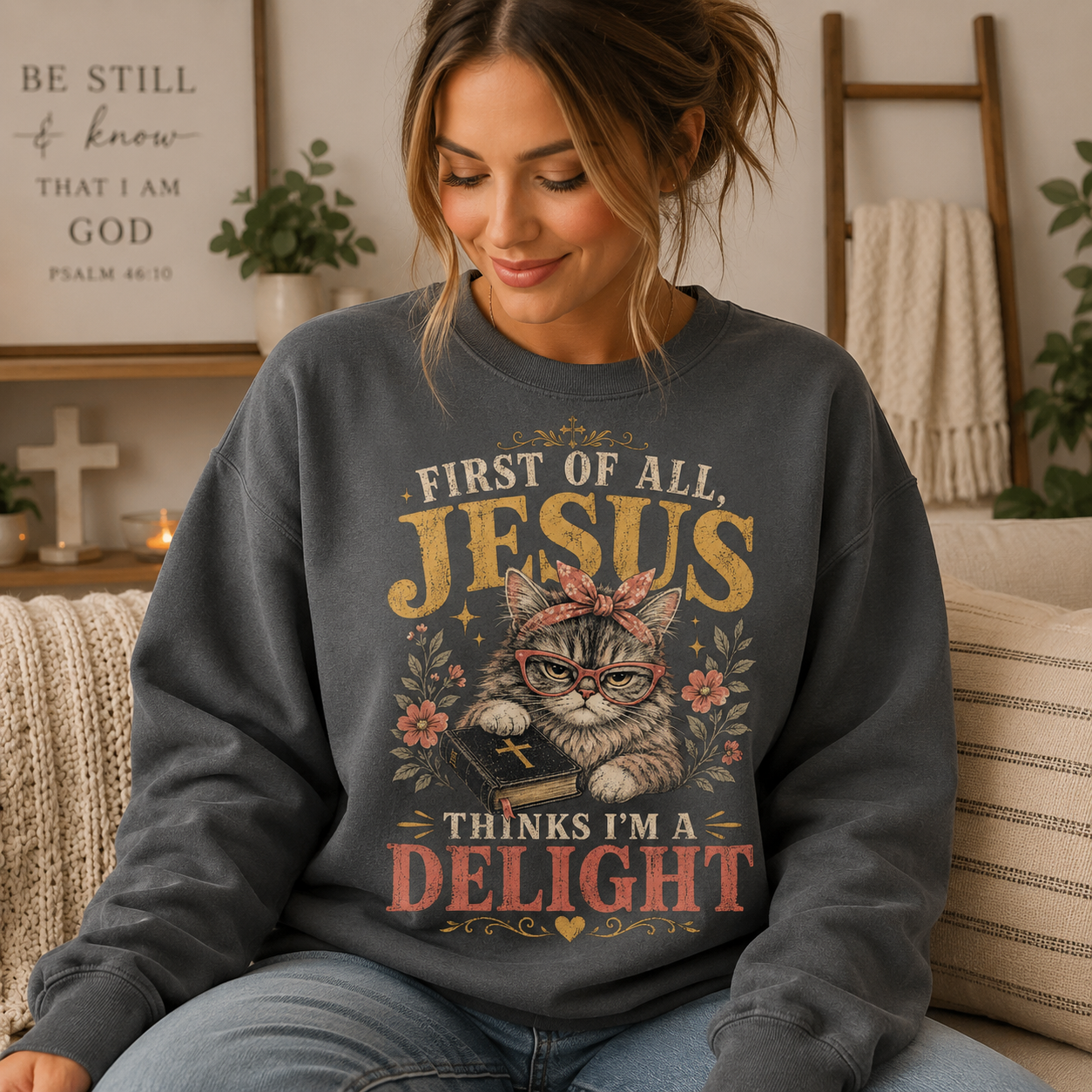 Jesus Thinks I’m A Delight Shirt, Cute Christian Cat T-Shirt, First Of All Jesus Tee, Cat Mom Faith Gift for Women