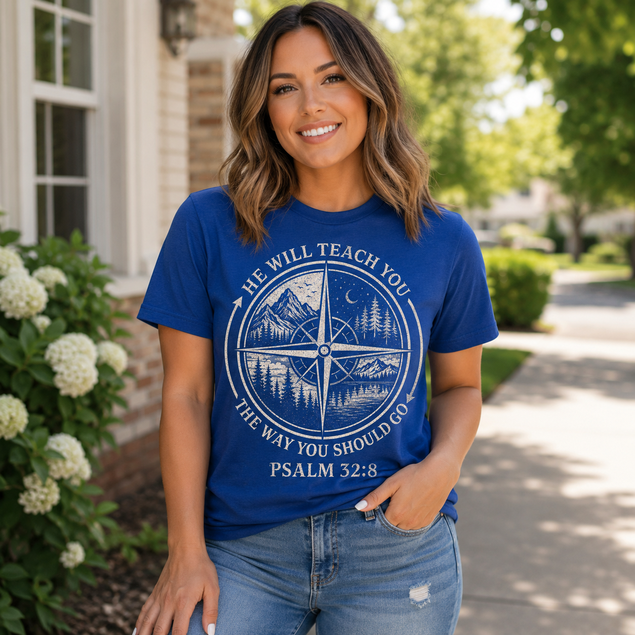 Psalm 32:8 Christian Adventure Shirt, He Will Teach You The Way Tee, Faith Compass Hiking Camping Gift for Christian Men Women