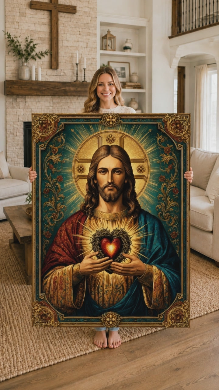 Sacred Heart of Jesus Canvas Wall Art, Catholic Christian Jesus Portrait, Vintage Religious Wall Decor, Framed Christian Gift