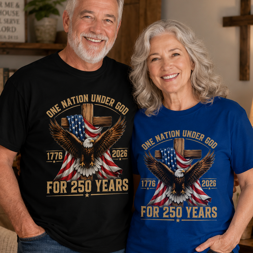 One Nation Under God for 250 Years Unisex T-shirt, Women's T-shirt, Unisex Long Sleeve, Sweatshirt, Hoodie, Zip Hoodie